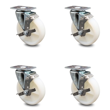 Service Caster 5 Inch Nylon Wheel Swivel Top Plate Caster Set with Brake SCC-20S514-NYS-TLB-4